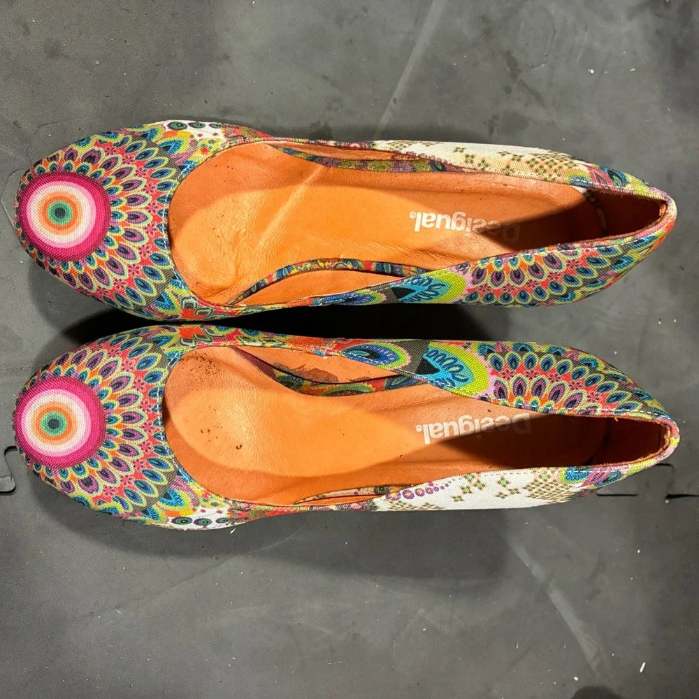 women Desigual Wedge Pumps size 38 Cork Platform Mandala Print Multi Color